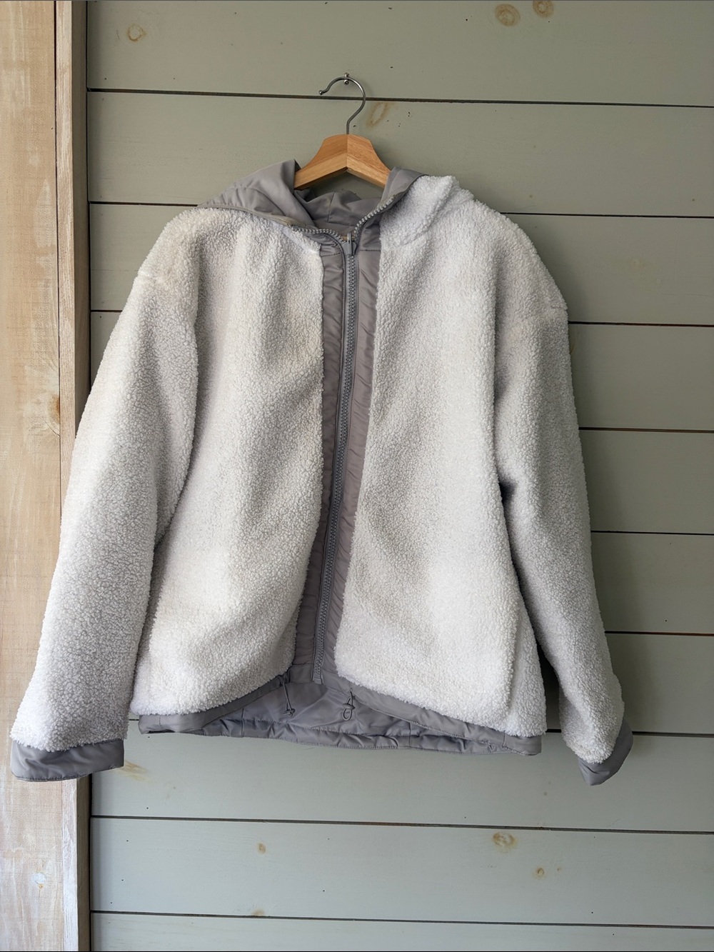 Fabletics Reversible Teddy Fleece Hooded Jacket – Cream/Grey (Fits L) - Picture 2 of 5
